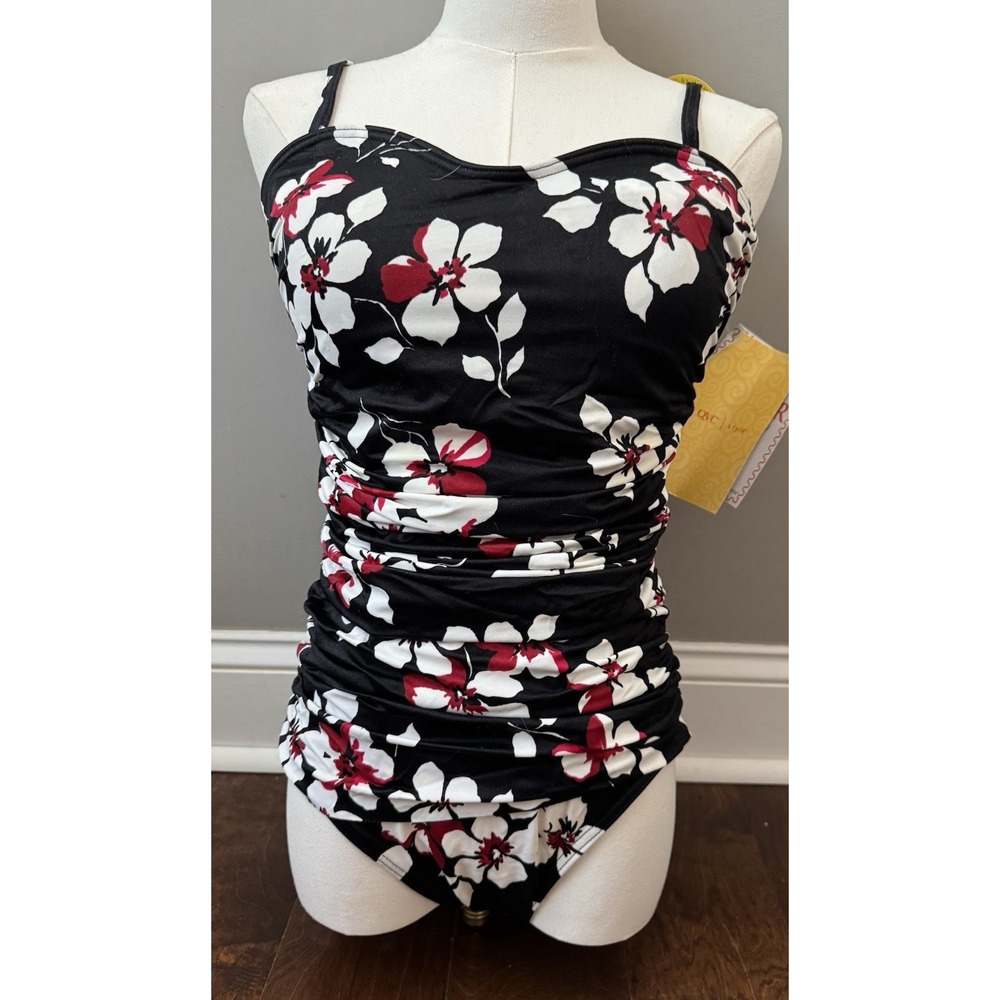 NWT Black Floral One Piece Swimsuit Ruched Tummy Control Women It Figures